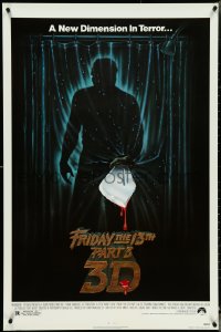 4z0954 FRIDAY THE 13th PART 3 - 3D 1sh 1982 slasher sequel, art of Jason stabbing through shower!