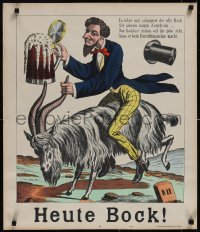 4z0034 HEUTE BOCK 23x27 German special poster 1890s art of man w/huge beer stein riding goat, rare!