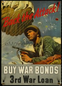 4z0343 BACK THE ATTACK 20x28 WWII war poster 1943 Schreiber art of paratroopers over soldier w/gun!