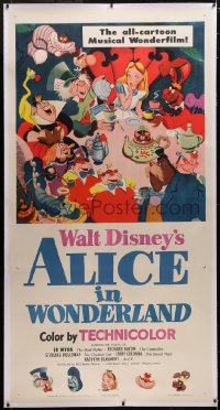 5a0023 ALICE IN WONDERLAND linen 3sh 1951 Disney Lewis Carroll classic, tea party art, ultra rare!