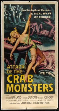 5a0024 ATTACK OF THE CRAB MONSTERS linen 3sh 1957 Roger Corman, art of sexy girl & beast, very rare!