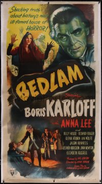 5a0025 BEDLAM linen 3sh 1946 art of Boris Karloff, ill-famed house of horror, Val Lewton, ultra rare!