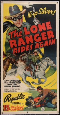5a0040 LONE RANGER RIDES AGAIN linen 3sh 1939 art of masked Robert Livingston & Tonto, serial, rare!