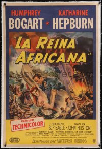 5a0515 AFRICAN QUEEN linen Argentinean 1952 Humphrey Bogart, Katharine Hepburn, colorful montage art!