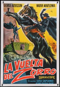 5a0576 ZORRO IN THE COURT OF SPAIN linen Argentinean 1963 action art of masked hero on rearing horse!