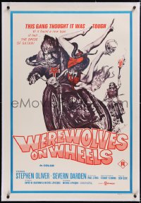 5a0314 WEREWOLVES ON WHEELS linen Aust 1sh 1972 great art of wolfman biker on motorcycle, rare!