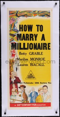 5a0681 20TH CENTURY FOX linen Aust daybill 1950s Monroe, Grable & Bacall, How to Marry a Millionaire!