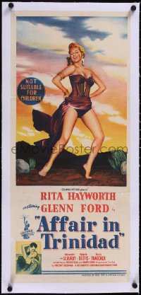 5a0685 AFFAIR IN TRINIDAD linen Aust daybill 1952 art of sexiest Rita Hayworth showing her legs!