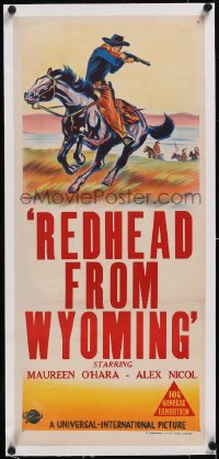 5a0755 UNIVERSAL linen Aust daybill 1950s cool different cowboy western art, Redhead from Wyoming!