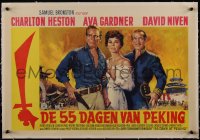 5a0763 55 DAYS AT PEKING linen Belgian 1963 Terpning art of Heston, Ava Gardner & David Niven, rare!