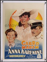 5a0177 ANNA KARENINA linen pre-war Belgian 1936 art of Greta Garbo, Fredric March & Freddie Bartholomew!