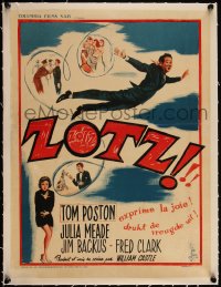 5a0847 ZOTZ linen Belgian 1962 William Castle sci-fi comedy, art of Tom Poston flying, very rare!