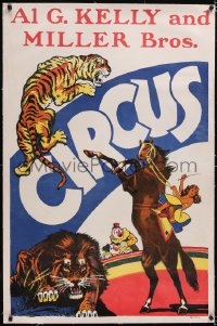 5a0199 AL G. KELLY & MILLER BROS. CIRCUS linen 28x42 circus poster 1940s art of clowns & big cats!