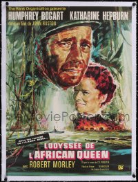 5a0358 AFRICAN QUEEN linen French 23x31 R1960s colorful art of Humphrey Bogart & Katharine Hepburn!