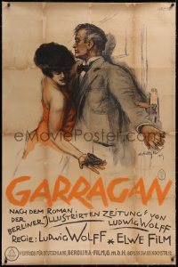 5a0057 GARRAGAN linen German 37x56 1925 art of woman finding gun in man's pocket, ultra rare!