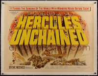 5a1022 HERCULES UNCHAINED linen 1/2sh 1960 great montage art of world's mightiest man Steve Reeves!