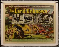 5a1041 LAND UNKNOWN linen style A 1/2sh 1957 a paradise of hidden terrors, Ken Sawyer dinosaur art!