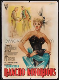 5a0074 RANCHO NOTORIOUS linen Italian 1p 1952 Fritz Lang, great Marlene Dietrich Olivetti art, rare!