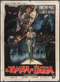 5a0077 TOMB OF LIGEIA linen Italian 1p 1966 art of Vincent Price & black cat over woman in graveyard!