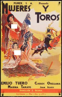 5a0632 MUJERES Y TOROS linen Mexican poster 1939 Aguilar art of naked women & bullfighter, very rare!