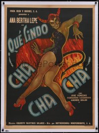5a0640 QUE LINDO CHA CHA CHA linen Mexican poster 1955 Cabral art of sexy devilish woman, very rare!