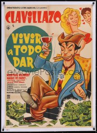 5a0653 VIVIR A TODO DAR linen Mexican poster 1956 wacky art of rich Clavillazo & sexy Martha Mijares!