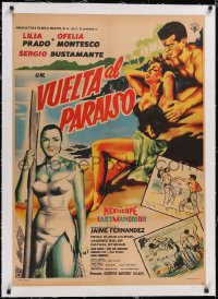 5a0654 VUELTA AL PARAISO linen Mexican poster 1960 Lilia Prado, Montesco, art of sexy people on beach!