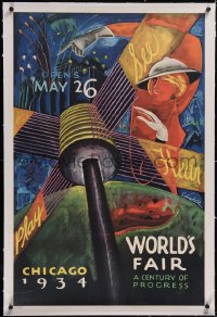 5a0339 CENTURY OF PROGRESS linen 27x40 special poster 1934 Chicago World's Fair, Sandor art, rare!