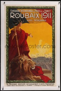 5a0342 EXPOSITION INTERNATIONALE DU NORD DE LA FRANCE linen 28x43 Belgian special poster 1911 rare!