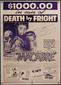 5a0018 MACABRE linen 42x60 special poster 1958 $1,000 in case of DEATH by FRIGHT, William Castle!