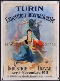 5a0010 TURIN INTERNATIONAL linen 30x41 French special poster 1911 cool Jules Cheret art, ultra rare!