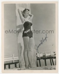 5b0137 JANET LEIGH signed 8x10 still 1950s sexy swimsuit portrait on the beach by surfboard for MGM!