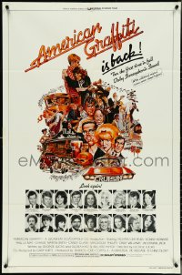 5b0918 AMERICAN GRAFFITI 1sh R1978 George Lucas, great wacky Mort Drucker artwork of cast & images!