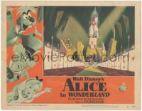 5b0781 ALICE IN WONDERLAND LC #4 1951 Walt Disney, cartoon image of Alice escorted by playing cards!
