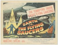5b0038 EARTH VS. THE FLYING SAUCERS signed TC 1956 by Ray Harryhausen, cool art of UFOs & aliens!