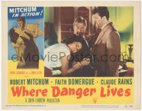 5b0899 WHERE DANGER LIVES LC #3 1950 Robert Mitchum stops Claude Rains from hurting Faith Domergue!