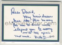 5b0081 BETTE DAVIS signed note 1970s telling David Gest her hairdresser has the flu!