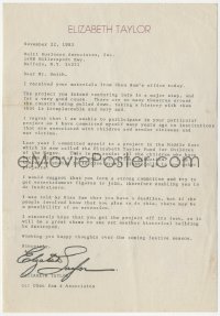 5b0082 ELIZABETH TAYLOR signed letter 1983 unable to help restoration project, though she'd like to!