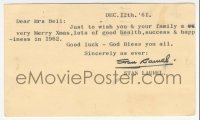 5b0076 STAN LAUREL signed 3x6 postcard 1961 wishing a friend a Merry Xmas & lots of good health!