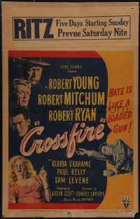 5b0336 CROSSFIRE WC 1947 Robert Young, Robert Mitchum, Robert Ryan, sexy Gloria Grahame, very rare!