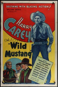 5b1375 WILD MUSTANG 1sh 1935 western cowboy Harry Carey with gun is seething with blazing action!