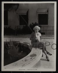 5b1677 ALICE FAYE 3 8x10 stills 1930s fishing in studio fountain, jumping over hedge, fabulous dress!