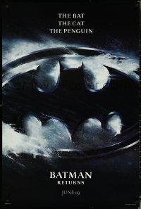 5c0557 BATMAN RETURNS teaser 1sh 1992 Burton, Keaton, The Bat, The Cat, The Penguin, logo design!