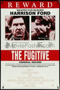 5c0655 FUGITIVE recalled int'l 1sh 1993 Harrison Ford is on the run, cool wanted poster design!