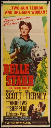 5c0405 BELLE STARR insert R1948 two-gun terror & one-man woman Gene Tierney, Henry Fonda, very rare!
