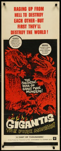 5c0416 GIGANTIS THE FIRE MONSTER insert 1959 Rehberger art of Godzilla breathing flames at Angurus!