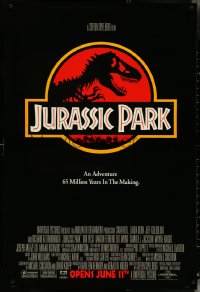 5c0711 JURASSIC PARK advance 1sh 1993 Steven Spielberg, classic logo with T-Rex over red background!