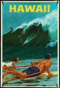 5c0161 HAWAII 26x38 travel poster 1960s cool artwork of surfers riding a huge wave by Chas Allen!