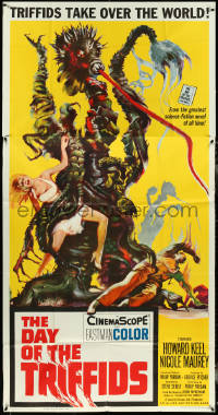 5f0159 DAY OF THE TRIFFIDS 3sh 1962 classic English sci-fi horror, cool art of monster with girl!