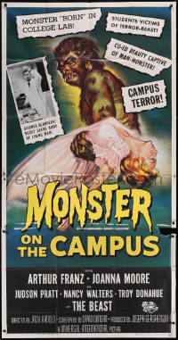5f0169 MONSTER ON THE CAMPUS 3sh 1958 art of test tube terror carrying girl in nightgown, rare!